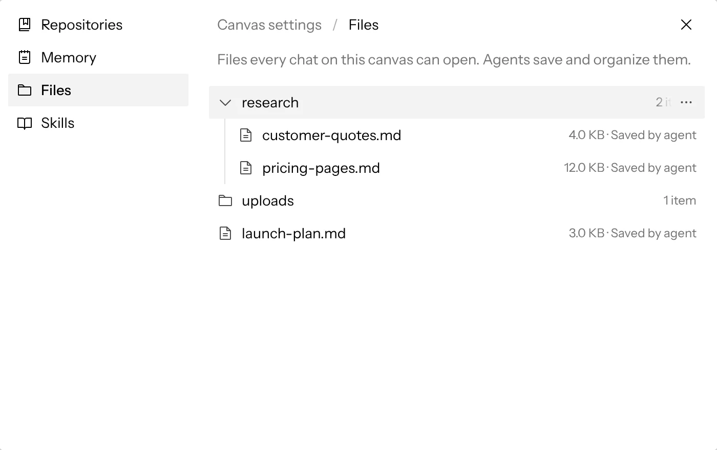 Canvas settings open on Files, with the research folder expanded above the uploads folder and a file