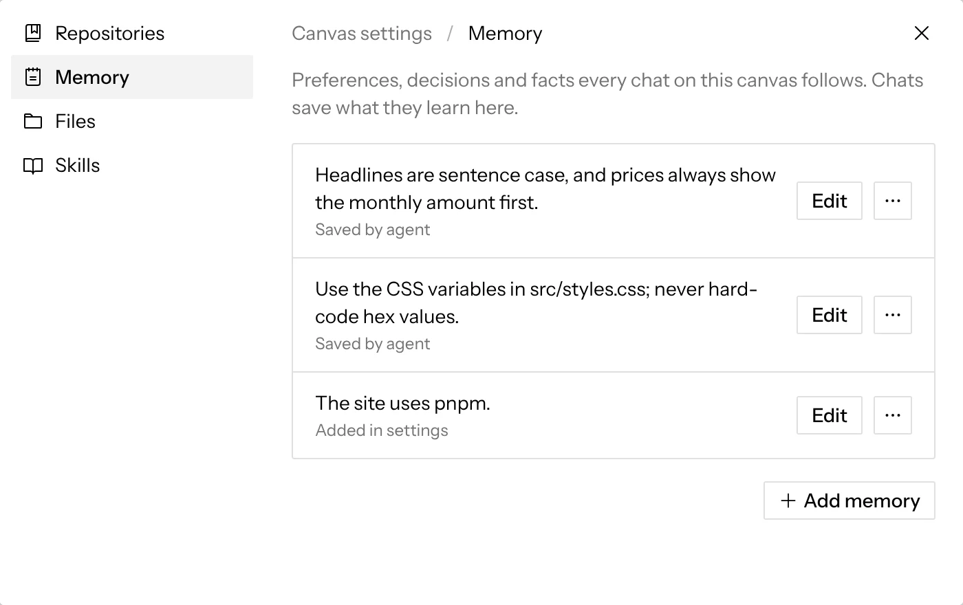Canvas settings open on Memory, listing three entries with Edit and more actions