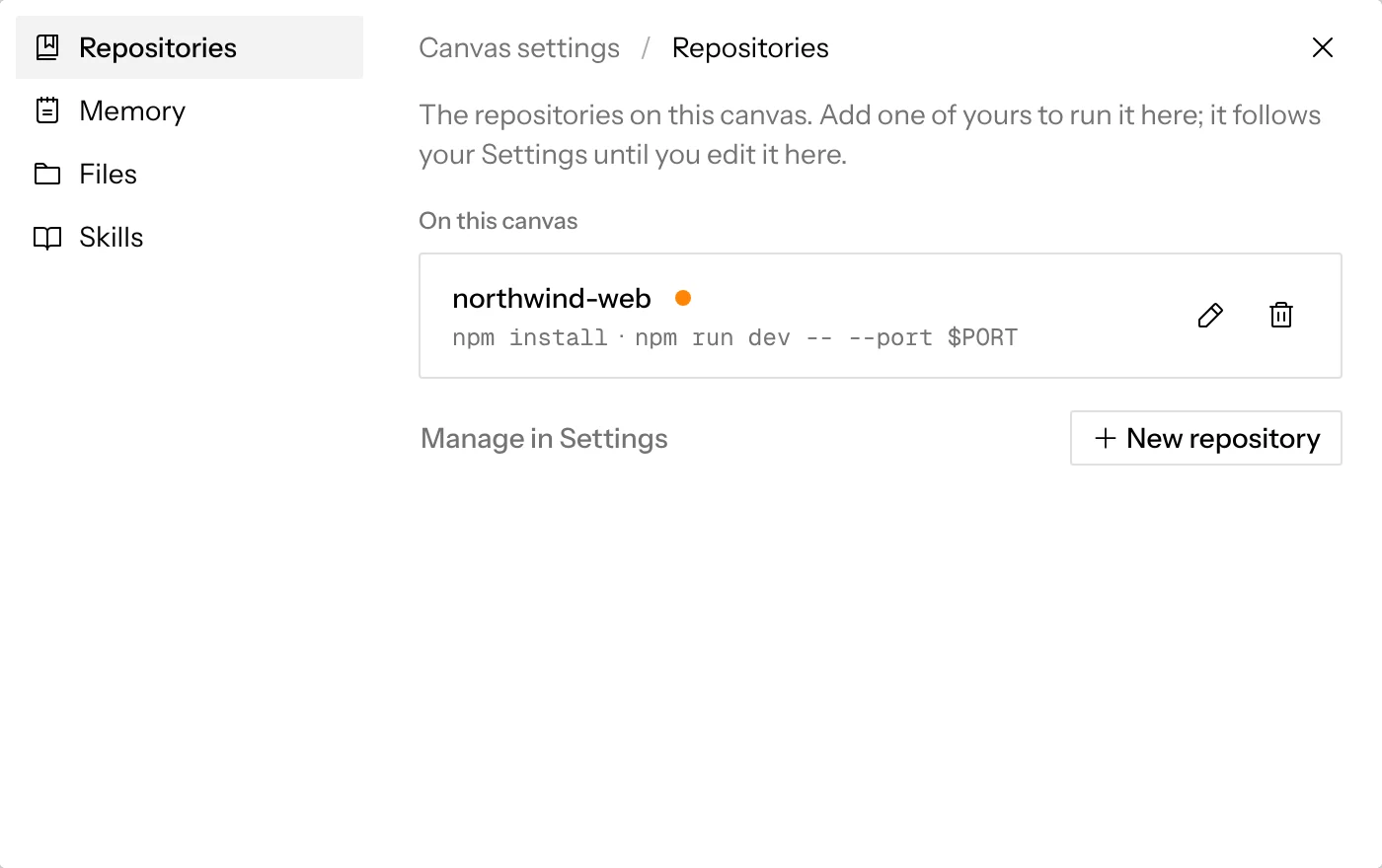 Canvas settings open on Repositories, listing northwind-web with its scripts, Edit and Remove