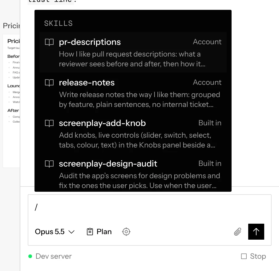 The / menu listing two Account skills above the Built in skills