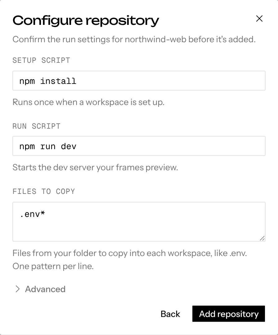 The Configure repository dialog with detected setup and run scripts