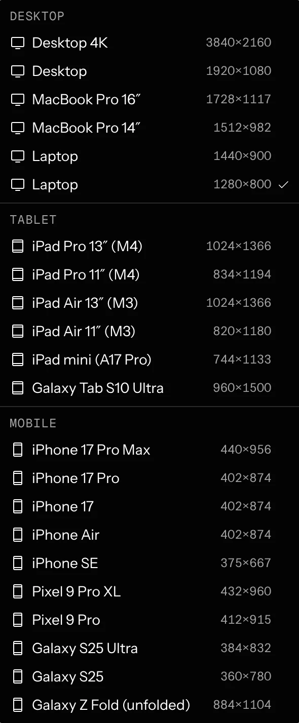The Device size menu grouped into Desktop, Tablet and Mobile