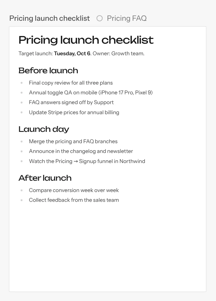 A ‘Pricing launch checklist’ document on the canvas, labelled with the Pricing FAQ chat that wrote it, and that chat open