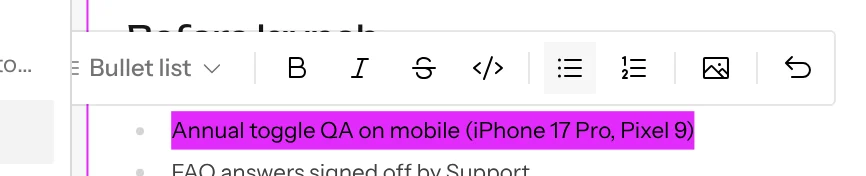 The selection toolbar over a highlighted bullet in the checklist