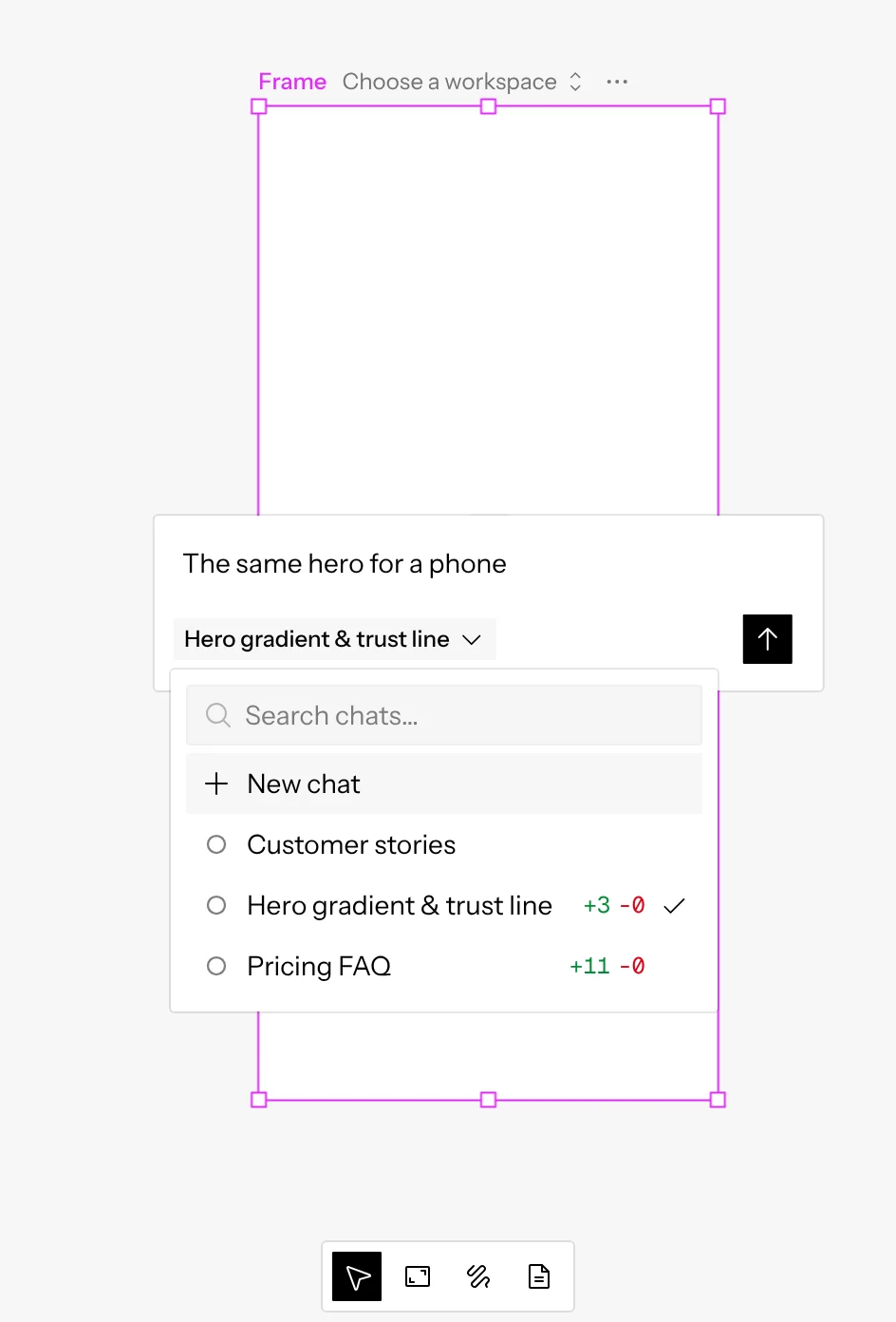 A frame drawn with the Home frame selected: the chip names the Home frame’s chat, and its menu lists New chat and every chat