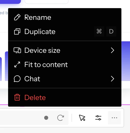 The frame menu: Rename, Duplicate, Device size, Fit to content, Chat, Delete