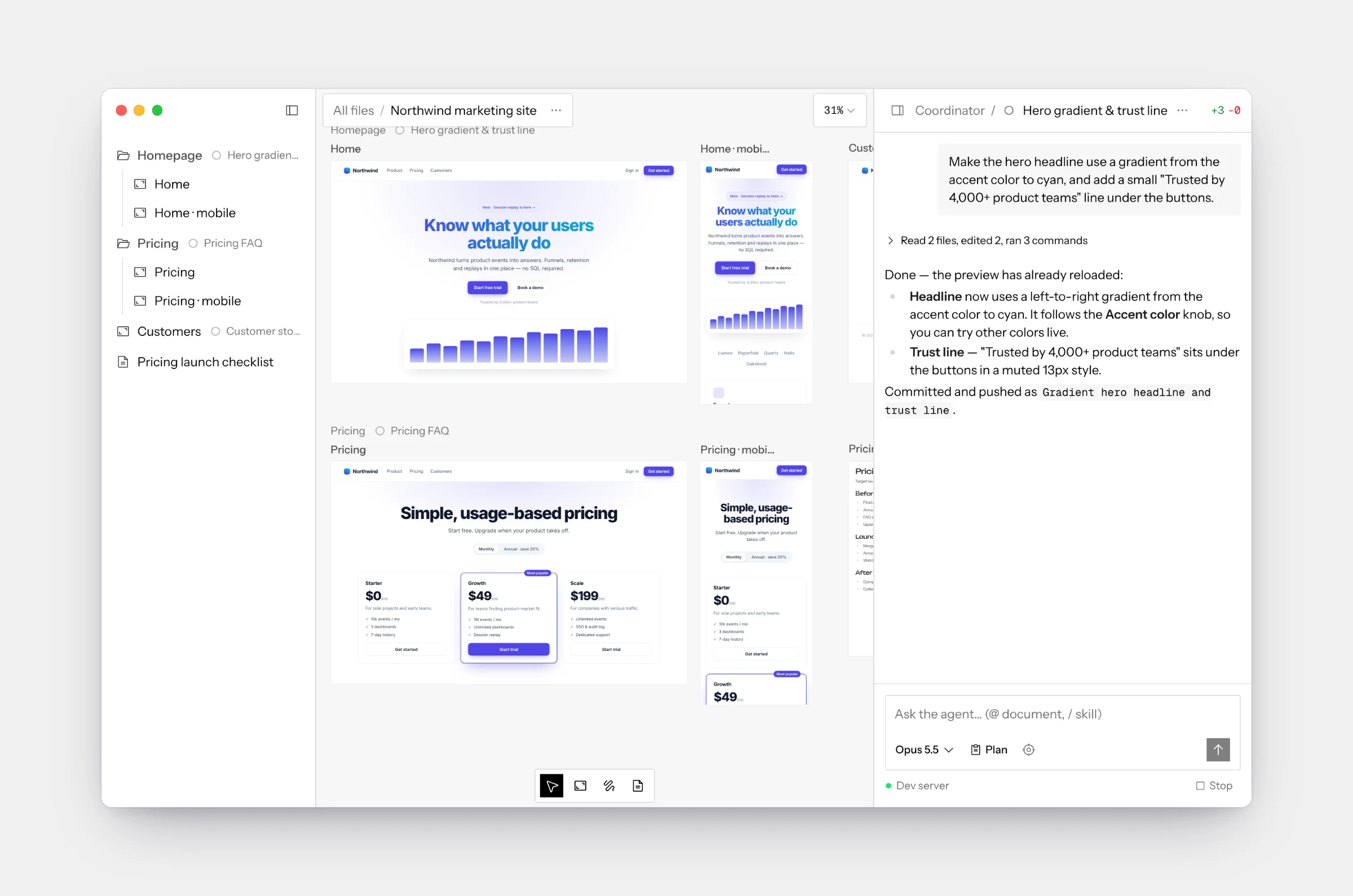 A Screenplay canvas: its layers in the sidebar, desktop and mobile previews of a marketing site on the canvas, and the agent’s chat on the right