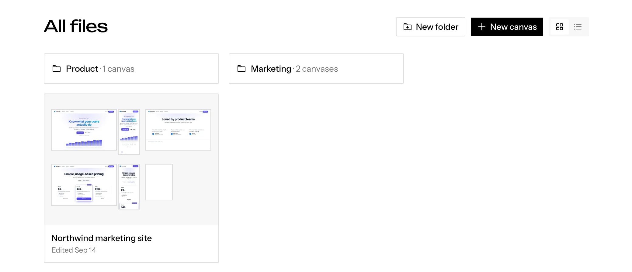 All files with the Product and Marketing folders, and a pinned canvas and folder in the sidebar
