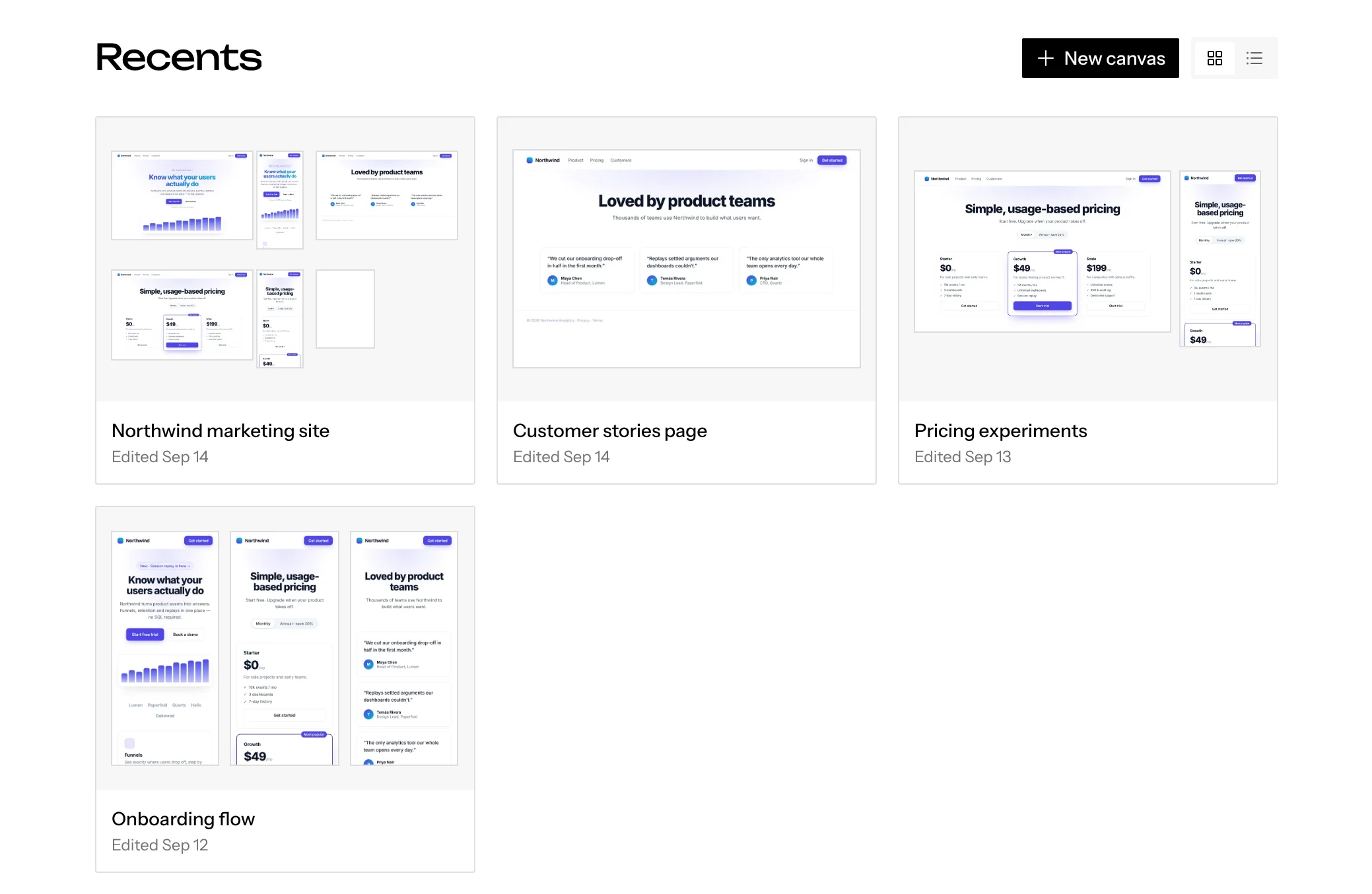 The Recents view: a grid of canvas cards with live thumbnails, and Pinned items in the sidebar