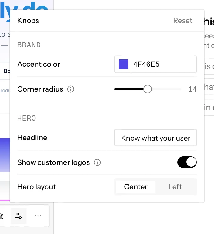 The Knobs popover on the Northwind homepage frame: Accent color and Corner radius under Brand, then Headline, Show customer logos and Hero layout under Hero
