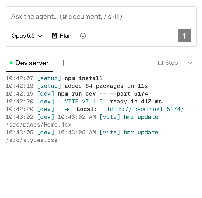 The terminal pane open under the chat on Dev server, streaming the dev server’s output