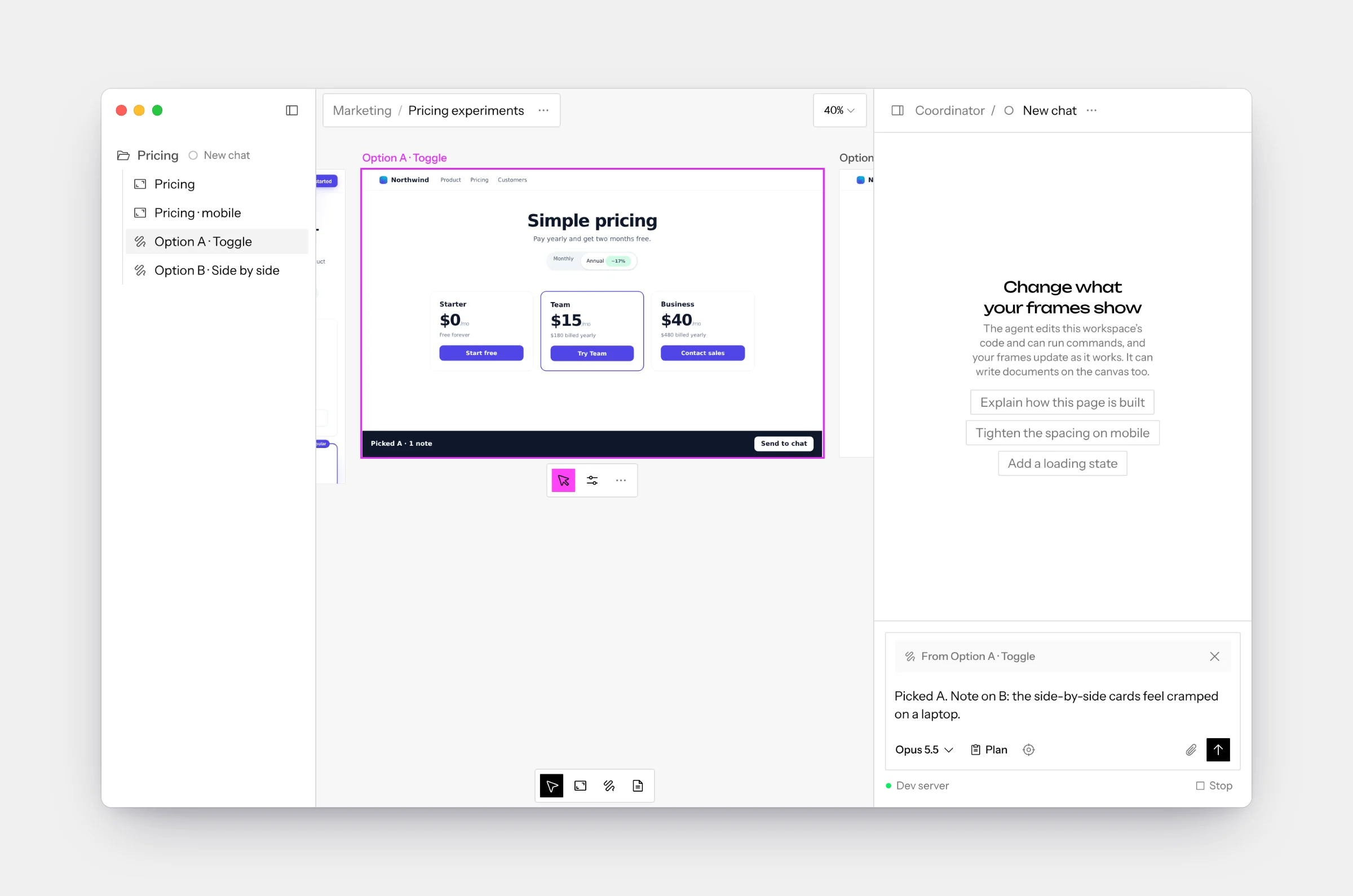 A mockup’s Send to chat button has put “Picked B. Note on A: the illustration is too big for mobile.” in its chat’s composer, under a From row naming the mockup