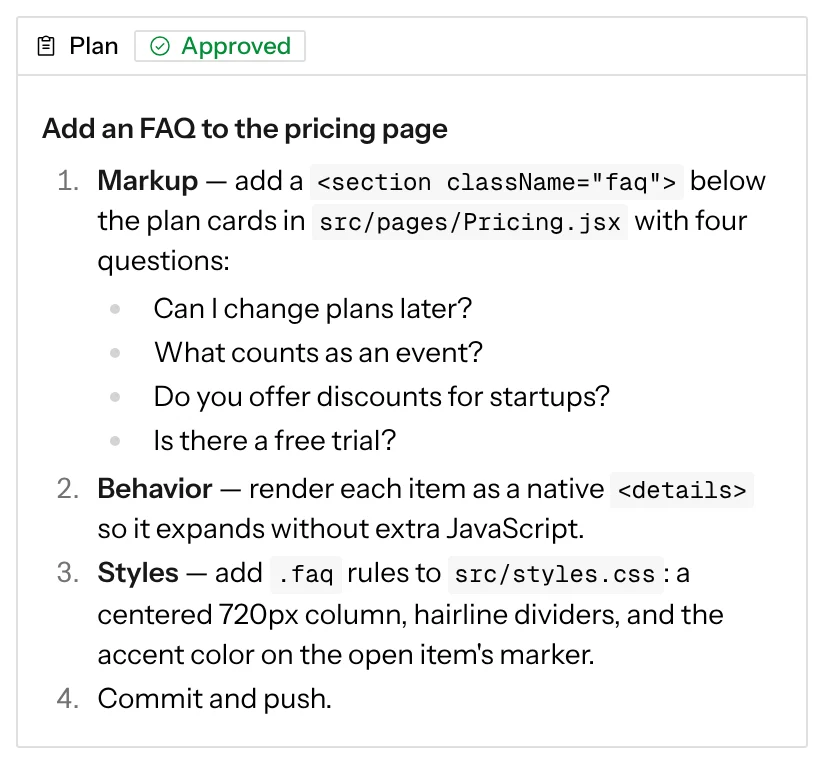 An approved plan card for adding an FAQ to the pricing page