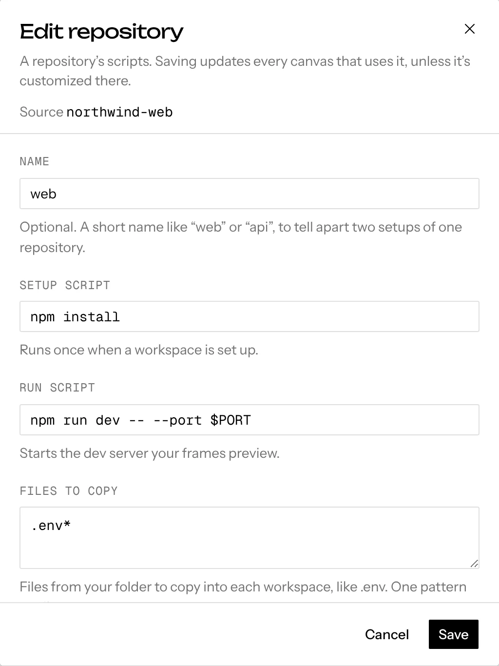 Editing a repository: name, setup and run scripts, files to copy, default frame size, system prompt