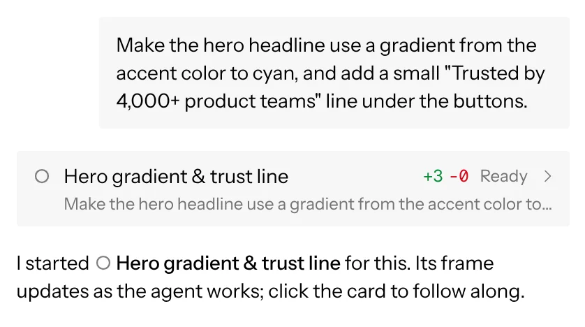 The Coordinator’s reply to the first ask: a card for the new Hero gradient & trust line chat, with the message it was sent