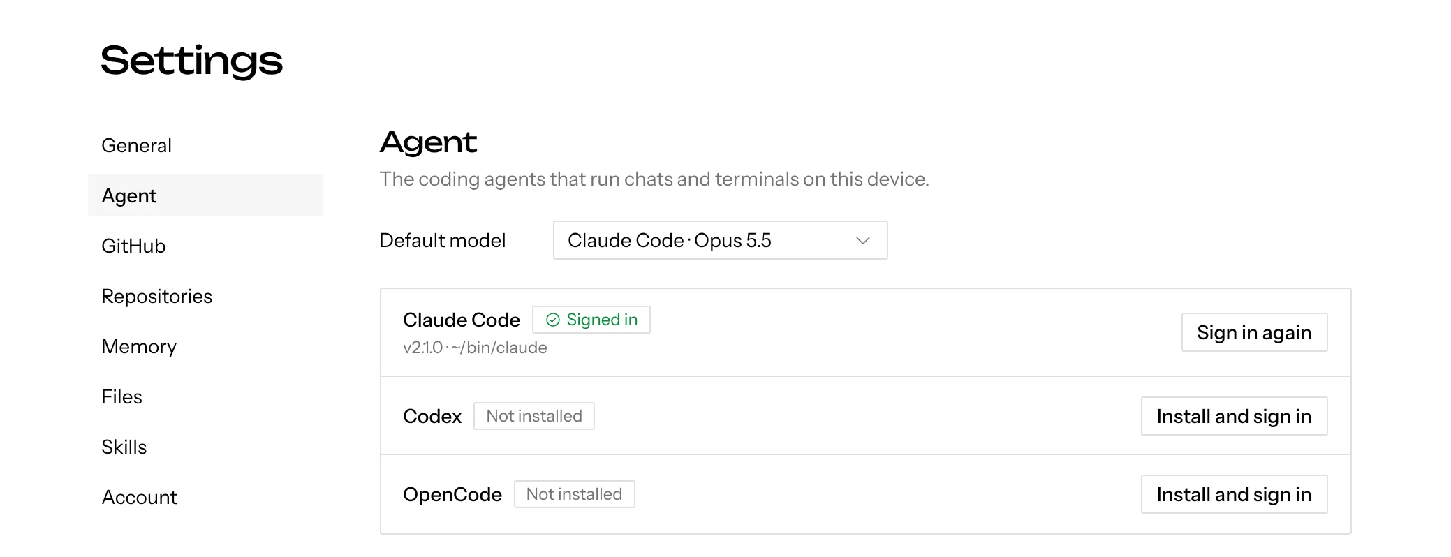 Settings → Agent: the default model, and Claude Code signed in