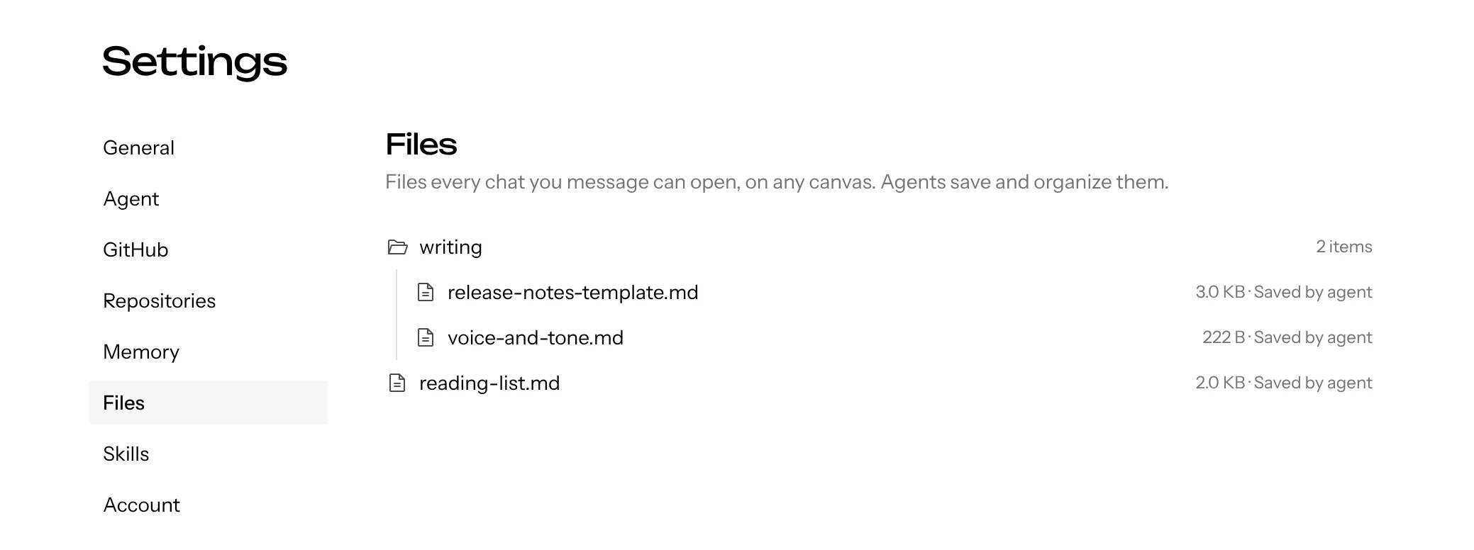 Settings open on Files, with the writing folder expanded above a file