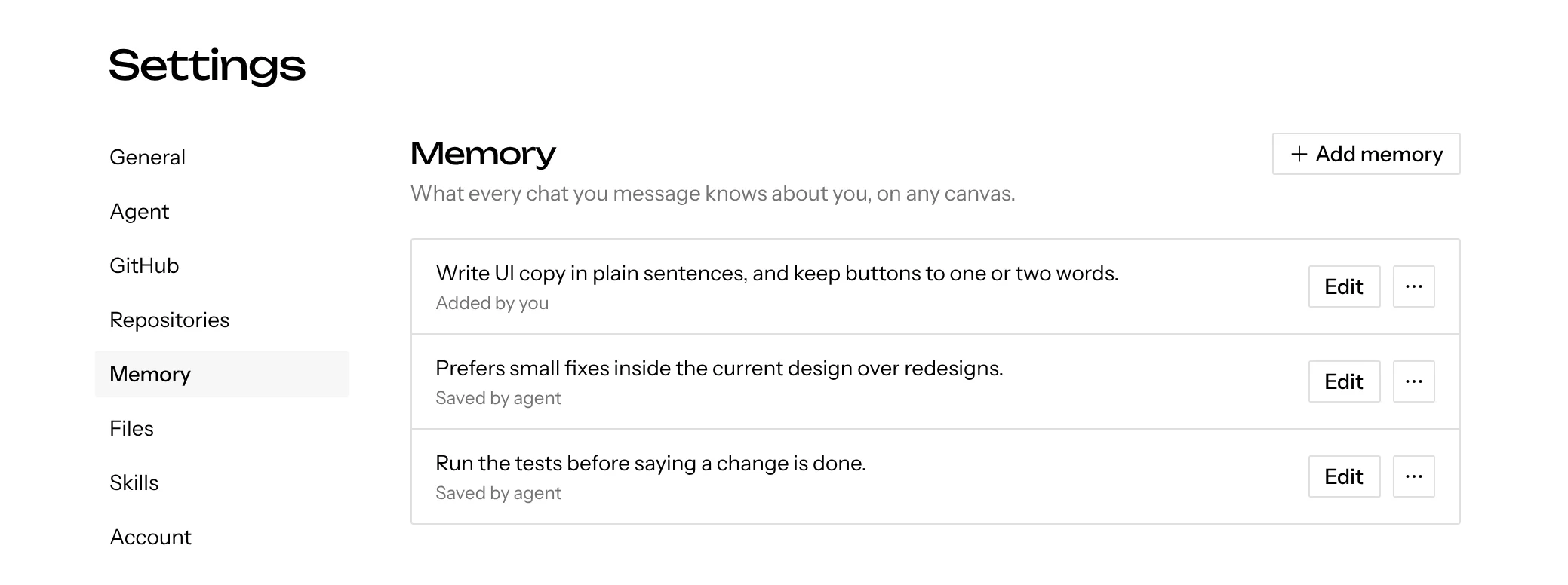Settings open on Memory, listing three entries with Edit and more actions
