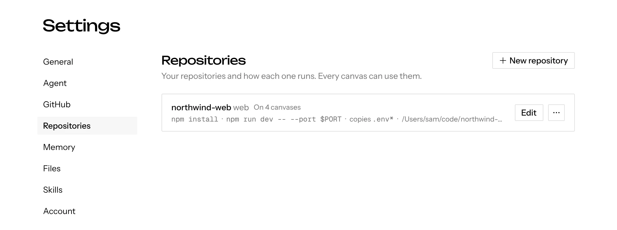 Settings → Repositories: northwind-web with a ‘web’ repository