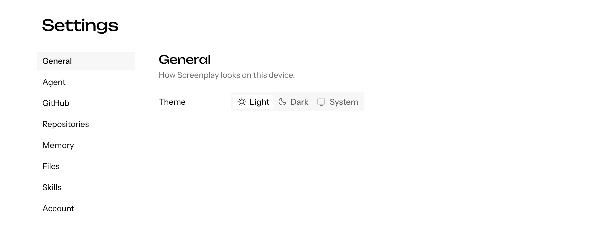 The Settings page: the section list and General