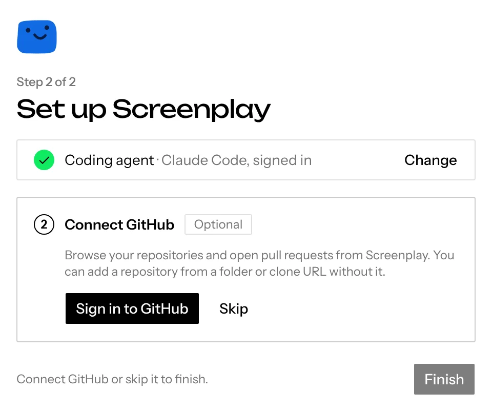The Set up Screenplay screen with Claude Code connected and GitHub not yet installed