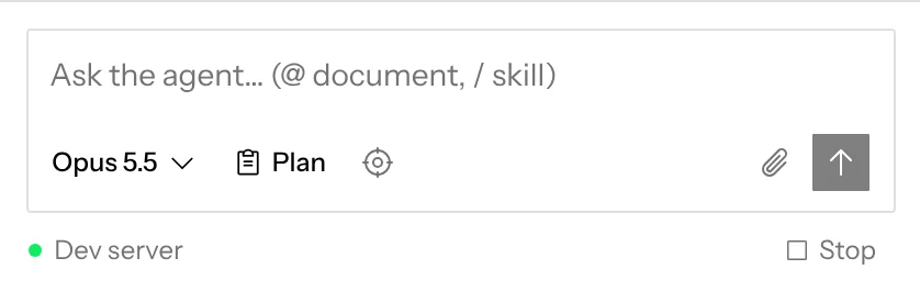 The line under the composer naming Dev server and the chat’s terminals