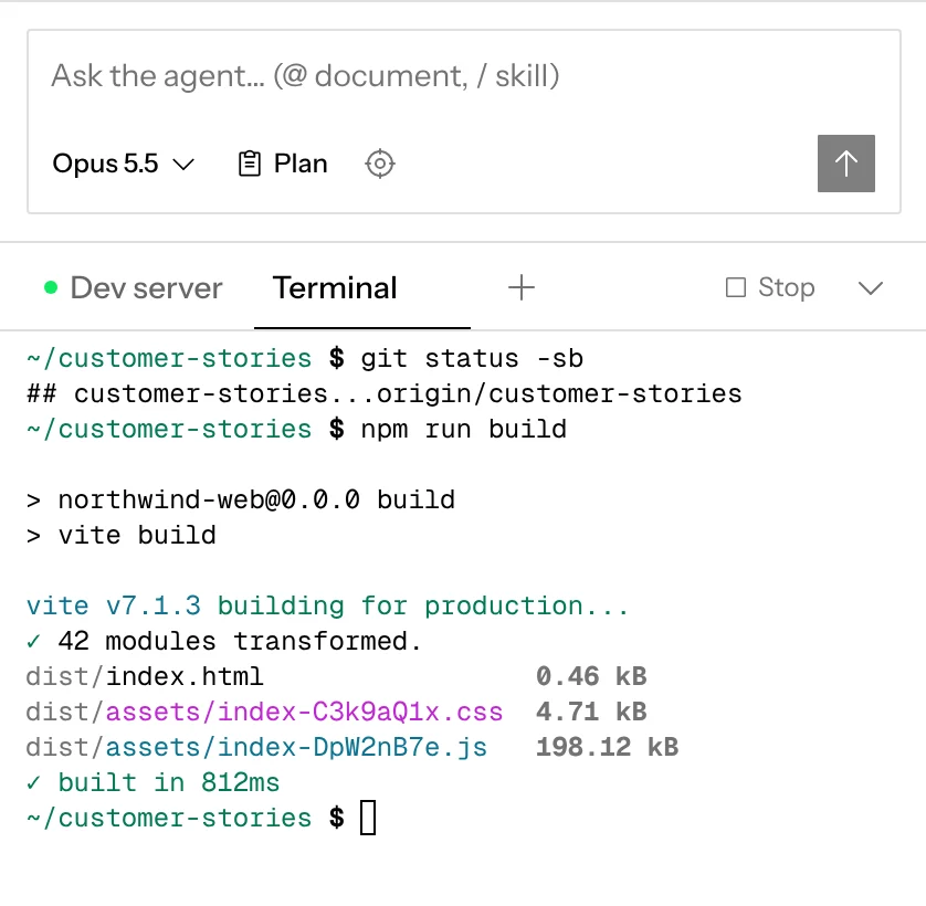 A shell in the customer-stories chat’s terminal pane, after a build