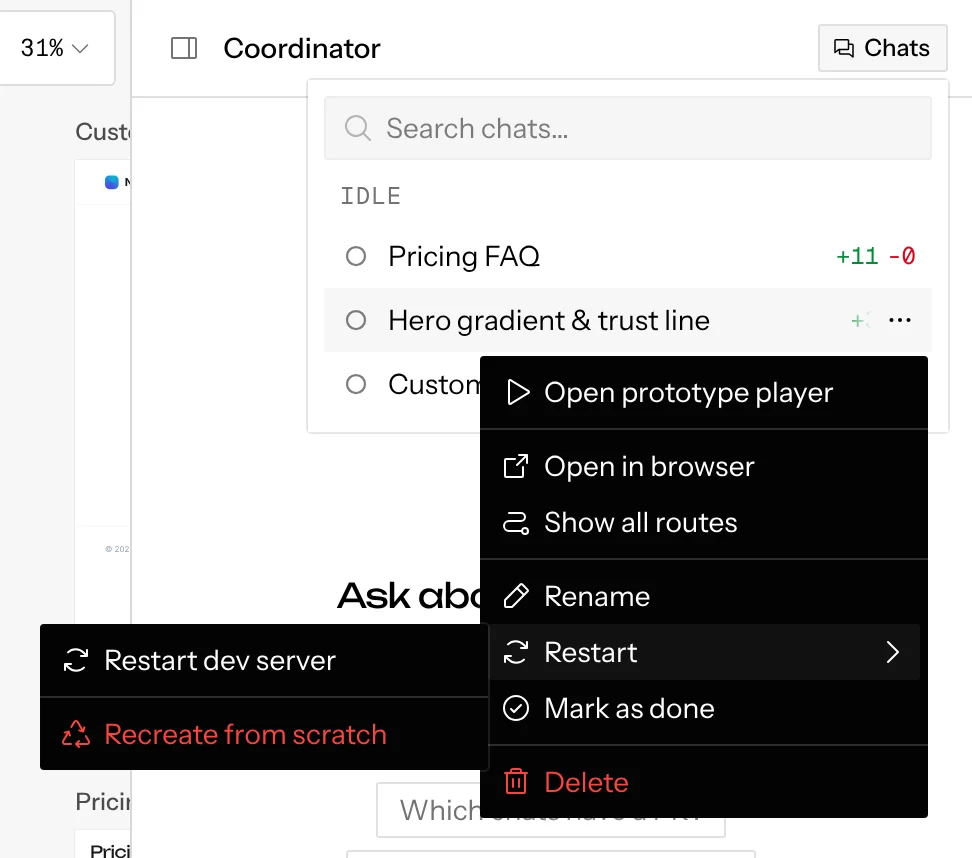The Restart submenu: Restart dev server and Recreate from scratch